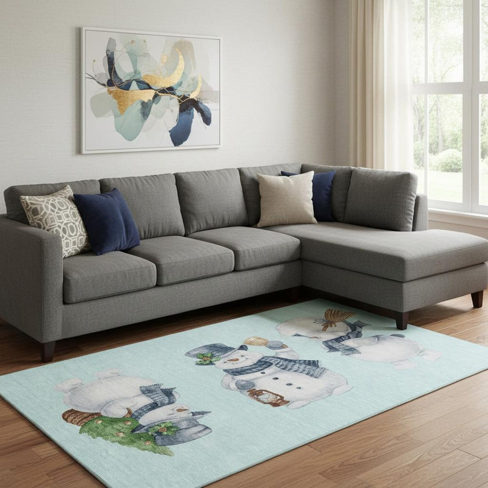 HomeRoots 8' X 10' Washable Sky Blue, Green & Ivory Geometric Area Rug with UV Protection for Modern Spaces 702429