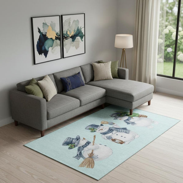 HomeRoots 9' X 12' Stylish Sky Blue, Green & Ivory Geometric Area Rug - Washable, UV Protected & Durable Design 702430