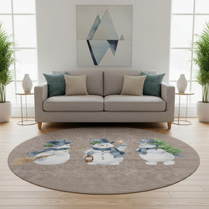 HomeRoots 8' Taupe Blue and Green Geometric Washable Round Rug - Durable, Stylish, UV-Protected for High-Traffic Areas 702434