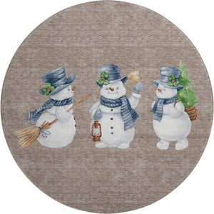 HomeRoots 8' Taupe Blue and Green Geometric Washable Round Rug - Durable, Stylish, UV-Protected for High-Traffic Areas 702434