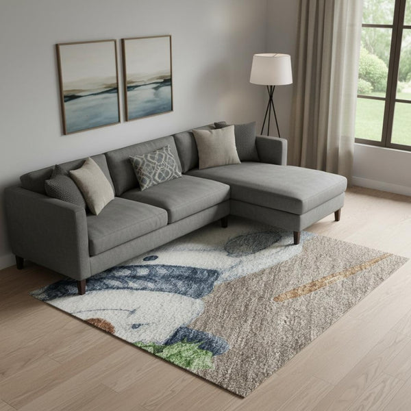HomeRoots 9' X 12' Taupe Blue & Green Geometric Washable Area Rug - UV Protected, Durable & Stylish Design 702436