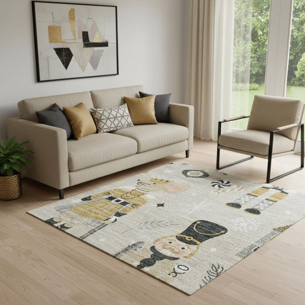 HomeRoots 5' X 8' Elegant Beige Gold Gray Floral Area Rug - Durable, Washable, UV Protected for Busy Homes 702439