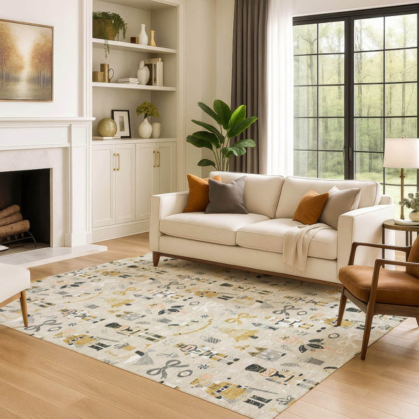 HomeRoots 5' X 8' Elegant Beige Gold Gray Floral Area Rug - Durable, Washable, UV Protected for Busy Homes 702439