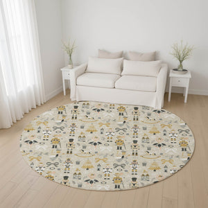 HomeRoots 8' Beige Gold and Gray Floral Round Rug - Washable, UV Protected, Stain Resistant, Ideal for Homes 702440