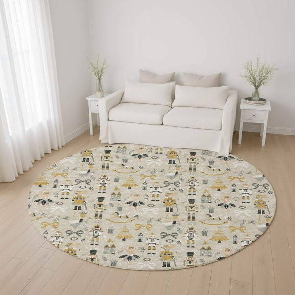 HomeRoots 8' Beige Gold and Gray Floral Round Rug - Washable, UV Protected, Stain Resistant, Ideal for Homes 702440