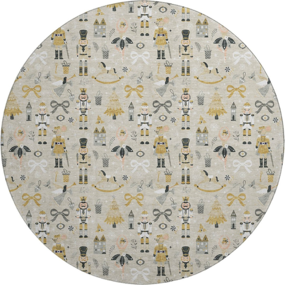 HomeRoots 8' Beige Gold and Gray Floral Round Rug - Washable, UV Protected, Stain Resistant, Ideal for Homes 702440