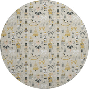 HomeRoots 8' Beige Gold and Gray Floral Round Rug - Washable, UV Protected, Stain Resistant, Ideal for Homes 702440