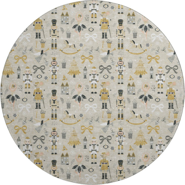 HomeRoots 8' Beige Gold and Gray Floral Round Rug - Washable, UV Protected, Stain Resistant, Ideal for Homes 702440