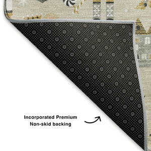 HomeRoots 8' Beige Gold and Gray Floral Round Rug - Washable, UV Protected, Stain Resistant, Ideal for Homes 702440