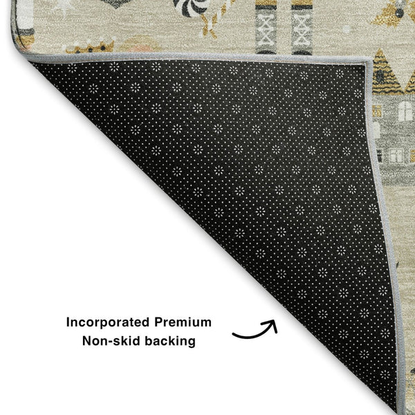 HomeRoots 8' Beige Gold and Gray Floral Round Rug - Washable, UV Protected, Stain Resistant, Ideal for Homes 702440
