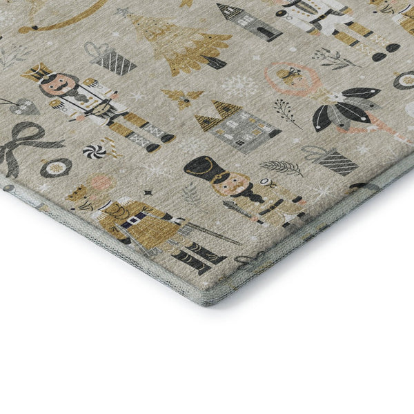 HomeRoots 8' Beige Gold and Gray Floral Round Rug - Washable, UV Protected, Stain Resistant, Ideal for Homes 702440