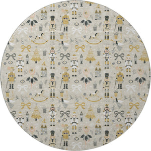 HomeRoots 8' Beige Gold and Gray Floral Round Rug - Washable, UV Protected, Stain Resistant, Ideal for Homes 702440
