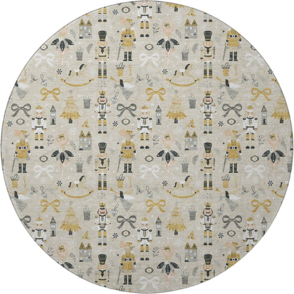 HomeRoots 8' Beige Gold and Gray Floral Round Rug - Washable, UV Protected, Stain Resistant, Ideal for Homes 702440