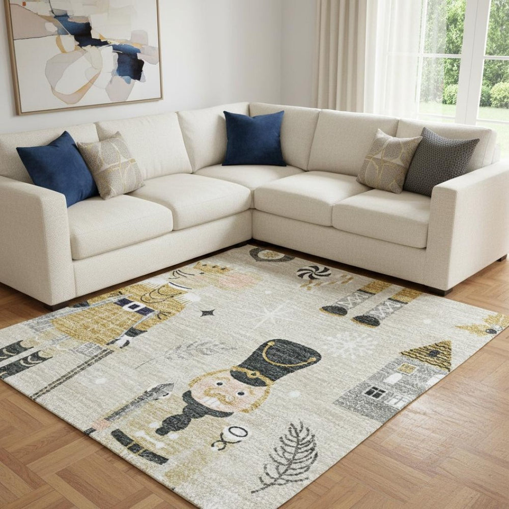 HomeRoots 8' X 10' Beige Gold and Gray Floral Area Rug – Washable, UV-Protected, Durable for Busy Homes 702441