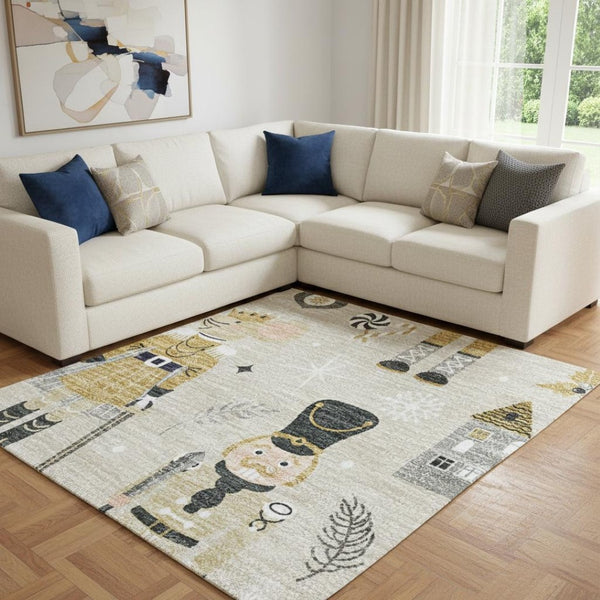 HomeRoots 8' X 10' Beige Gold and Gray Floral Area Rug – Washable, UV-Protected, Durable for Busy Homes 702441