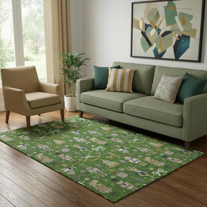 HomeRoots 5' X 8' Washable Floral Area Rug with UV Protection - Elegant Green, Gold & Gray Design for Homes 702445