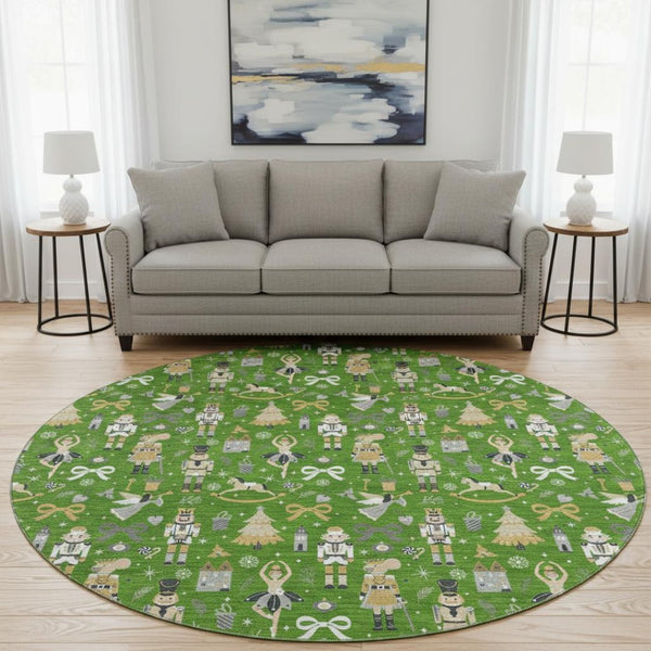 HomeRoots 8' Green Gold Gray Floral Area Rug - Washable, UV Protected, Stain Resistant for Stylish Durability 702446