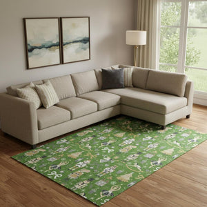 HomeRoots 9' X 12' Washable Floral Area Rug in Green, Gold & Gray – UV Protected, Durable, Pet-Friendly Design 702448
