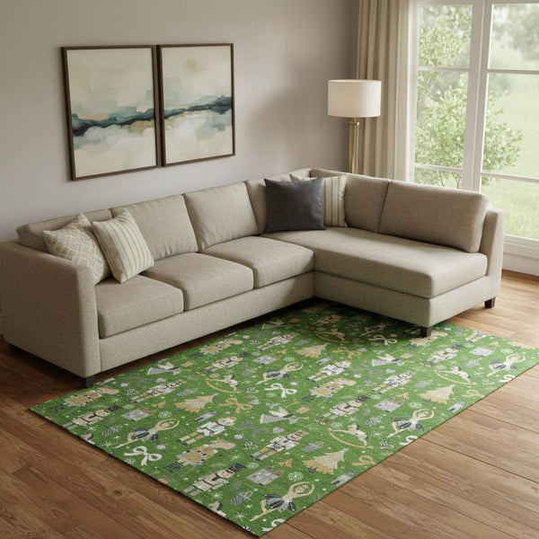 HomeRoots 9' X 12' Washable Floral Area Rug in Green, Gold & Gray – UV Protected, Durable, Pet-Friendly Design 702448