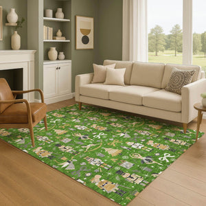 HomeRoots 9' X 12' Washable Floral Area Rug in Green, Gold & Gray – UV Protected, Durable, Pet-Friendly Design 702448