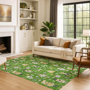 HomeRoots 9' X 12' Washable Floral Area Rug in Green, Gold & Gray – UV Protected, Durable, Pet-Friendly Design 702448