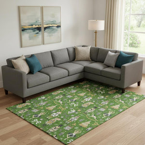 HomeRoots 10' X 14' Floral Washable Area Rug - Green, Gold & Gray with UV Protection for High-Traffic Spaces 702449