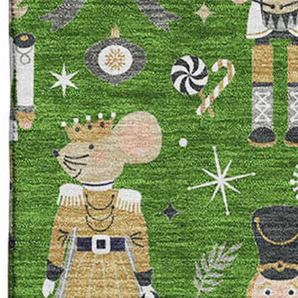 HomeRoots 10' X 14' Floral Washable Area Rug - Green, Gold & Gray with UV Protection for High-Traffic Spaces 702449