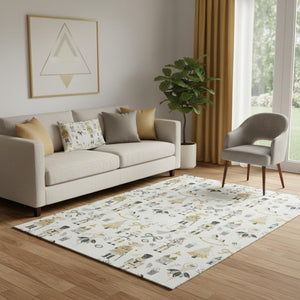 HomeRoots 5' X 8' Elegant Ivory Gold Gray Floral Area Rug - Washable, UV Protected, Durable, Non-Slip Design 702451