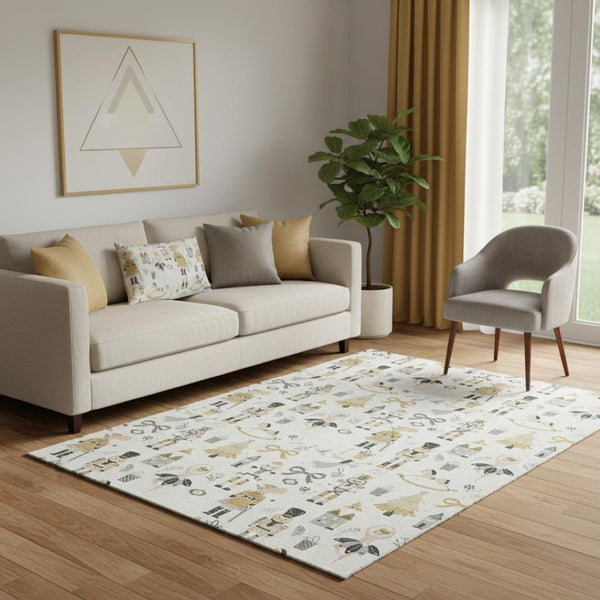 HomeRoots 5' X 8' Elegant Ivory Gold Gray Floral Area Rug - Washable, UV Protected, Durable, Non-Slip Design 702451
