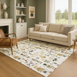 HomeRoots 5' X 8' Elegant Ivory Gold Gray Floral Area Rug - Washable, UV Protected, Durable, Non-Slip Design 702451