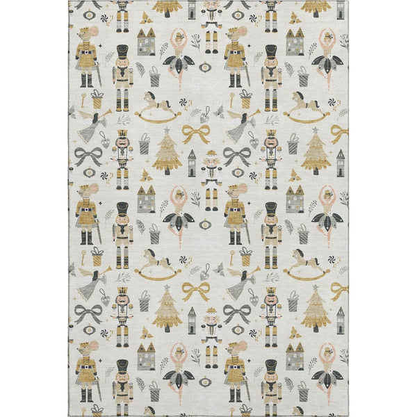 HomeRoots 5' X 8' Elegant Ivory Gold Gray Floral Area Rug - Washable, UV Protected, Durable, Non-Slip Design 702451