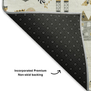 HomeRoots 5' X 8' Elegant Ivory Gold Gray Floral Area Rug - Washable, UV Protected, Durable, Non-Slip Design 702451