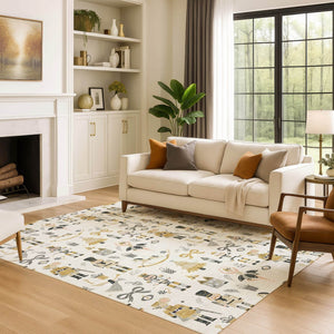 HomeRoots 5' X 8' Elegant Ivory Gold Gray Floral Area Rug - Washable, UV Protected, Durable, Non-Slip Design 702451