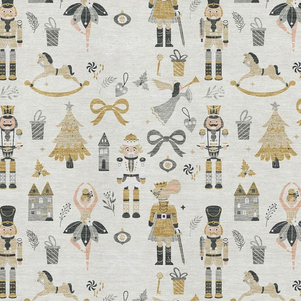 HomeRoots 5' X 8' Elegant Ivory Gold Gray Floral Area Rug - Washable, UV Protected, Durable, Non-Slip Design 702451