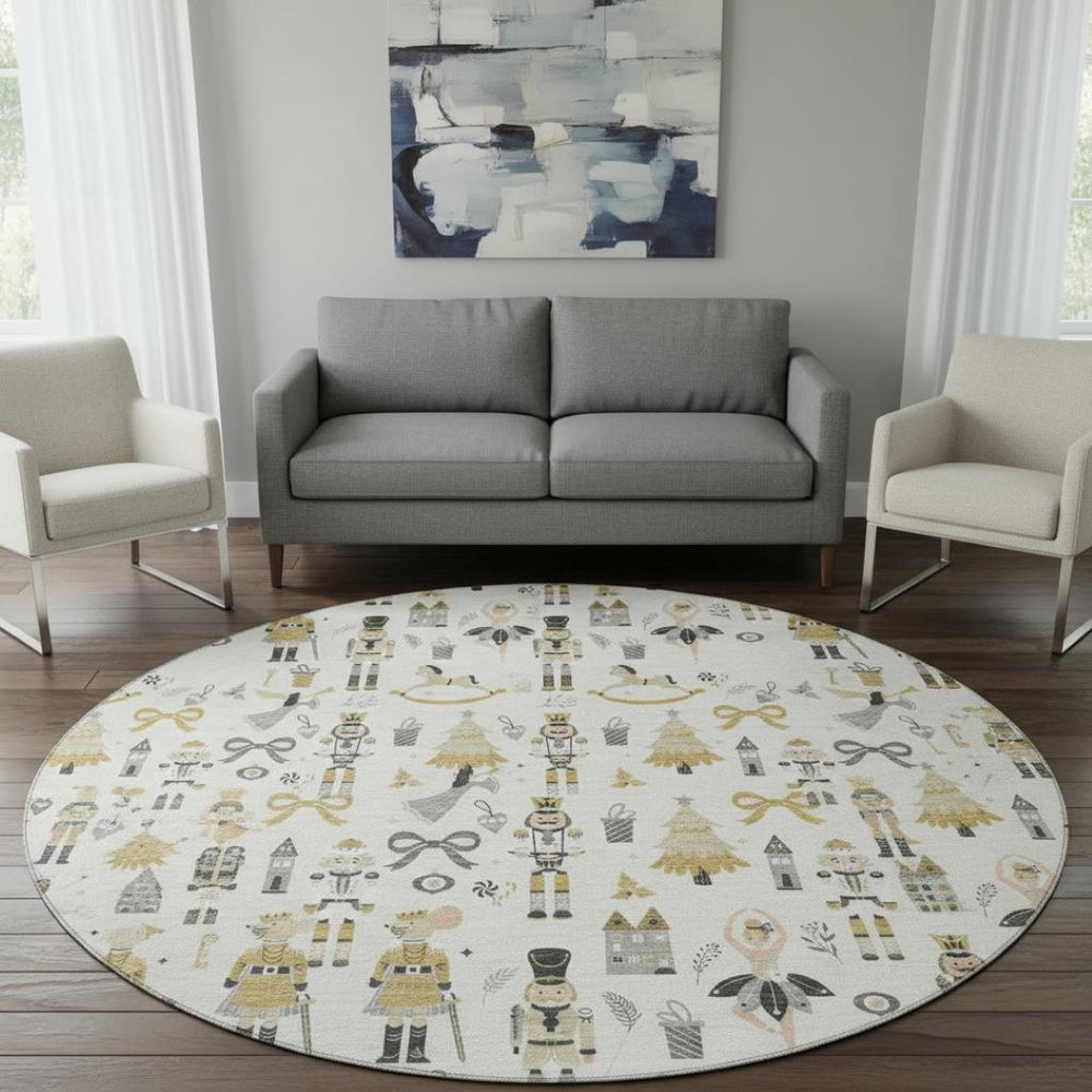HomeRoots 8' Ivory Gold & Gray Floral Round Rug - Washable, UV Protected, Non-Slip for Homes with Kids & Pets 702452