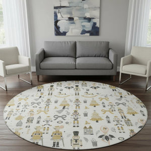 HomeRoots 8' Ivory Gold & Gray Floral Round Rug - Washable, UV Protected, Non-Slip for Homes with Kids & Pets 702452
