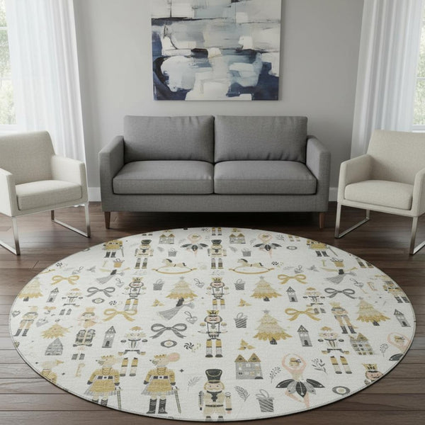HomeRoots 8' Ivory Gold & Gray Floral Round Rug - Washable, UV Protected, Non-Slip for Homes with Kids & Pets 702452