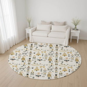 HomeRoots 8' Ivory Gold & Gray Floral Round Rug - Washable, UV Protected, Non-Slip for Homes with Kids & Pets 702452