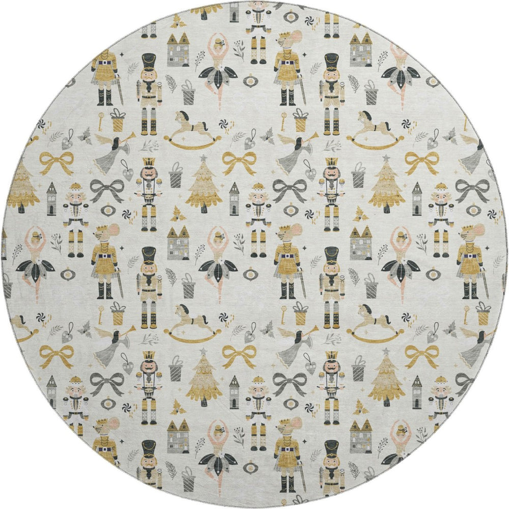 HomeRoots 8' Ivory Gold & Gray Floral Round Rug - Washable, UV Protected, Non-Slip for Homes with Kids & Pets 702452