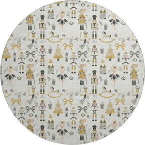 HomeRoots 8' Ivory Gold & Gray Floral Round Rug - Washable, UV Protected, Non-Slip for Homes with Kids & Pets 702452