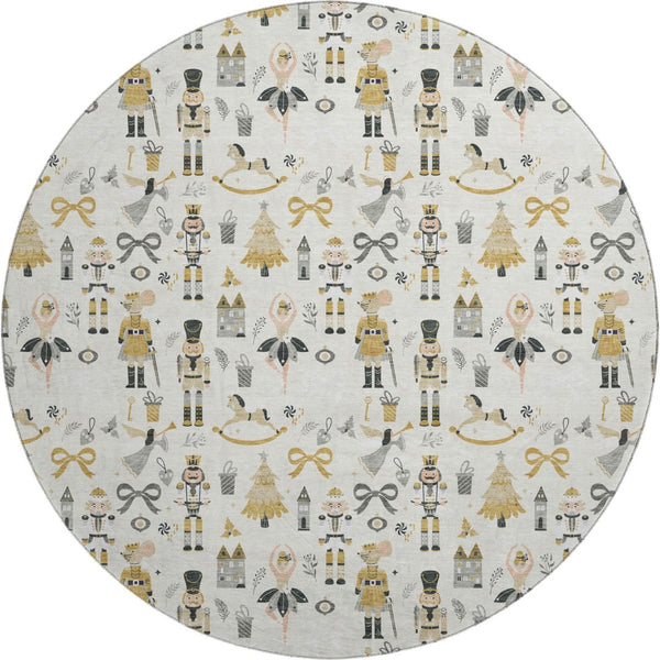 HomeRoots 8' Ivory Gold & Gray Floral Round Rug - Washable, UV Protected, Non-Slip for Homes with Kids & Pets 702452