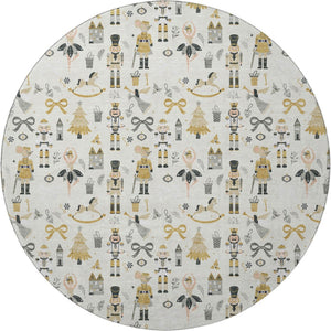 HomeRoots 8' Ivory Gold & Gray Floral Round Rug - Washable, UV Protected, Non-Slip for Homes with Kids & Pets 702452
