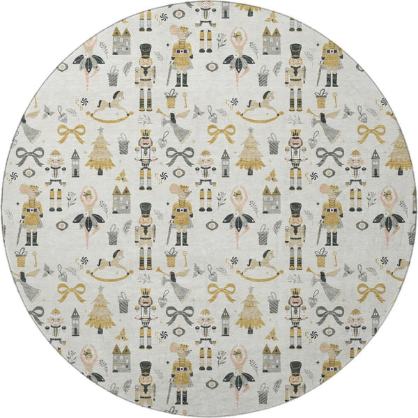 HomeRoots 8' Ivory Gold & Gray Floral Round Rug - Washable, UV Protected, Non-Slip for Homes with Kids & Pets 702452