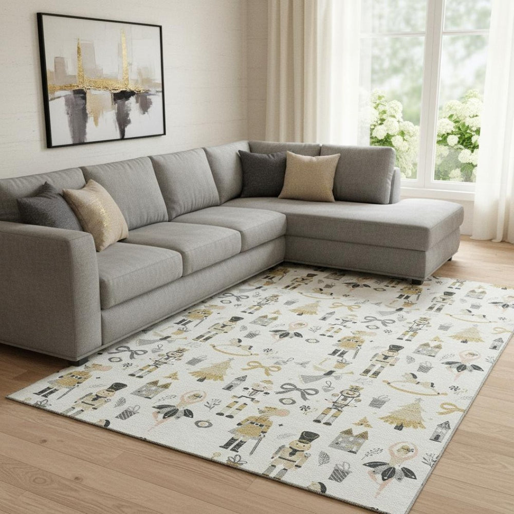HomeRoots 8' X 10' Elegant Ivory Gold Gray Floral Area Rug - Washable, UV Protected, Stain Resistant Design 702453