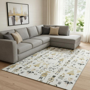 HomeRoots 8' X 10' Elegant Ivory Gold Gray Floral Area Rug - Washable, UV Protected, Stain Resistant Design 702453