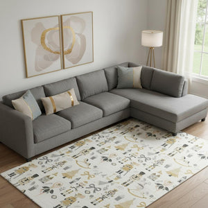 HomeRoots 9' X 12' Washable Floral Area Rug in Ivory, Gold & Gray - Durable, Stain-Resistant, UV Protected Design 702454