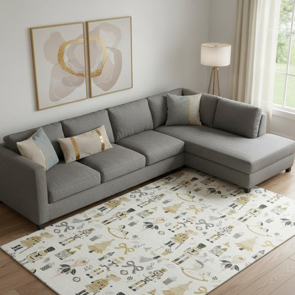 HomeRoots 9' X 12' Washable Floral Area Rug in Ivory, Gold & Gray - Durable, Stain-Resistant, UV Protected Design 702454