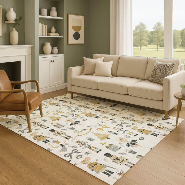 HomeRoots 9' X 12' Washable Floral Area Rug in Ivory, Gold & Gray - Durable, Stain-Resistant, UV Protected Design 702454
