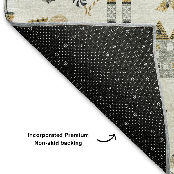 HomeRoots 9' X 12' Washable Floral Area Rug in Ivory, Gold & Gray - Durable, Stain-Resistant, UV Protected Design 702454