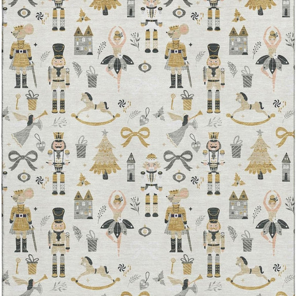 HomeRoots 9' X 12' Washable Floral Area Rug in Ivory, Gold & Gray - Durable, Stain-Resistant, UV Protected Design 702454